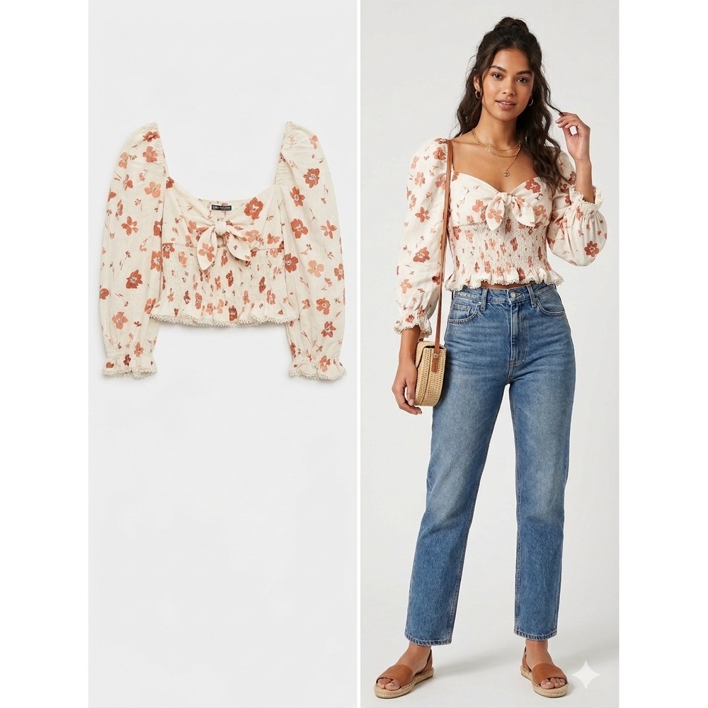 Zara Floral Smocked Puff Sleeve Crop Top Tie Front Ivory, orange XS